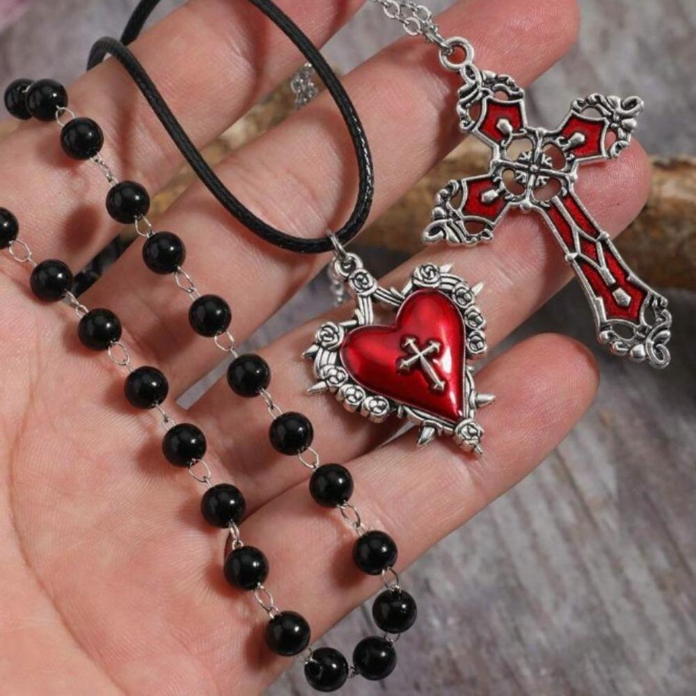 Zestaw 3 szt. Amulet Goth Czerwona Glazura Kapiąca Pusta Krzyż w Kształcie Serca Wielowarstwowy Składany Naszyjnik do Noszenia dla Kobiet Zestawy Biżuterii