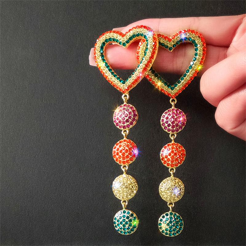 Fyuan Sweet Love Heart Earrings Ladys Long Tassel Colorful Rhinestone Dangle Earrings For Women Jewelry Gifts