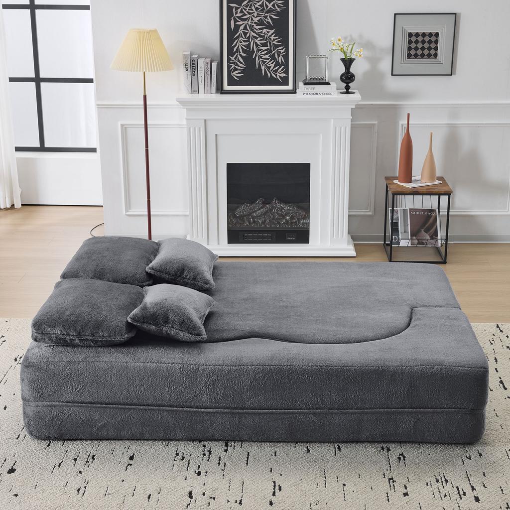Large blue-gray floor sofa with 4 throw pillows, flannel sofa, high-density foam folding mattress, living room, bedroom, no assembly required