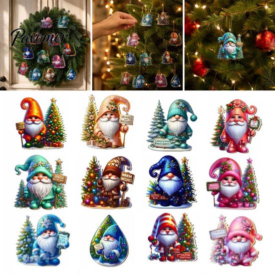 Festive Home Holiday Supplies 12Pcs Christmas Gnome Hanging Ornaments, 2D Flat Colorful Pendants, Acrylic Xmas Tree Indoor Party Wall Decorations with
