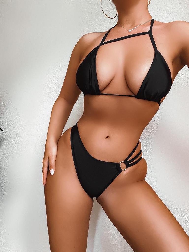 European-American Black Halter Tie-Front Cutout Bikini Swimsuit