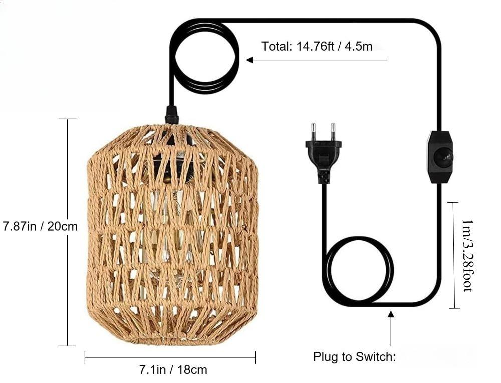 JOYINLED Plug In Pendant Lamp Rattan Hanging Lights with 4.5M Dimmable Cord Hand Woven Wicker Lampshade Hanging Lamp for Bedroom