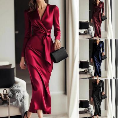 Women's Wrap Satin Silky Midi Dress Long Sleeve V-Neck Tie Waist Formal Dress Cocktail Party Wedding Guest Dress