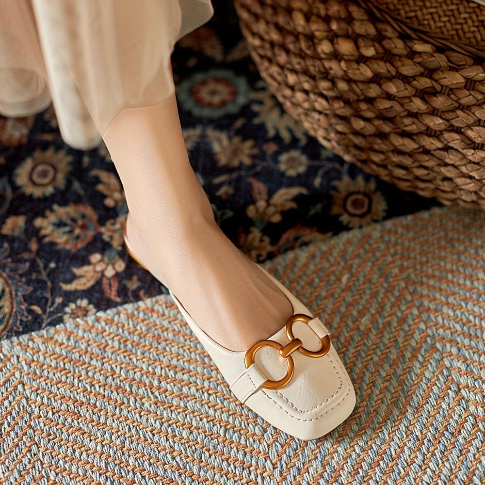 Women's Metallic Buckle Mules, Stylish Square Toe Slip On Flat Shoes, All-match Backless Loafers