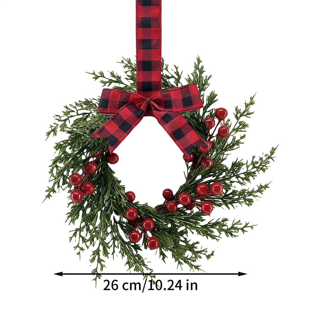 Artificial Christmas Wreath 10 Inch Winter Greenery Wreath with Red Berries And Velvet Bow Front Door Holiday Porch Wall Decor