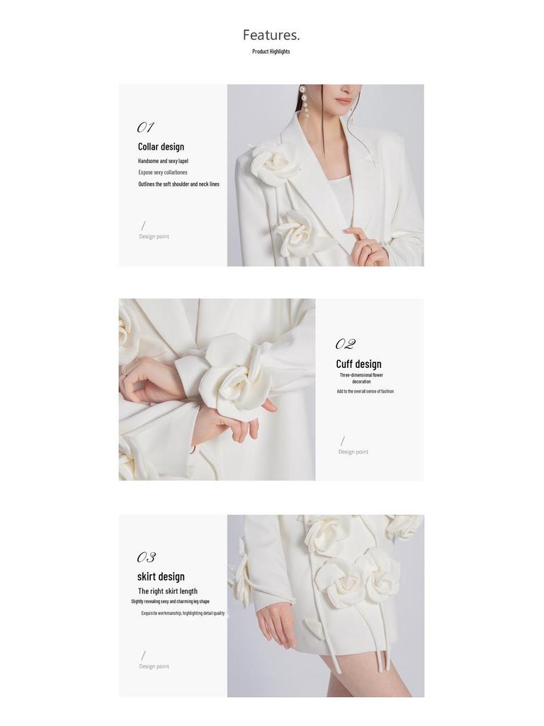 Jachetă Costum Casual cu Design Floral Alb 3D de Primăvară 2024