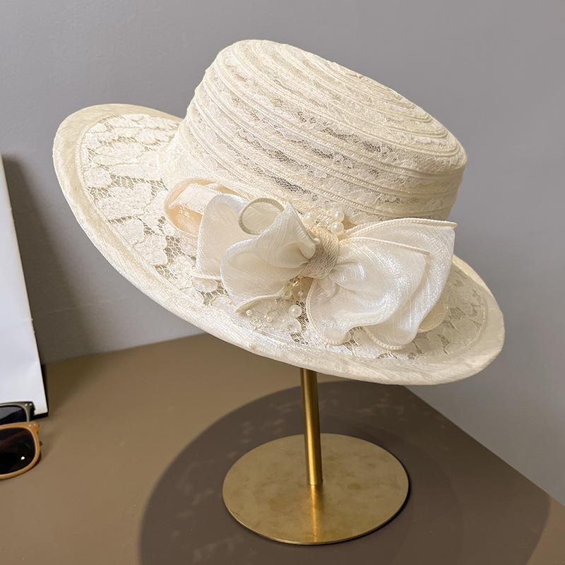 

Women s Summer French Retro Bow Straw Hat Breathable Lace Travel Sunscreen Top Hat Adult 56-58cm