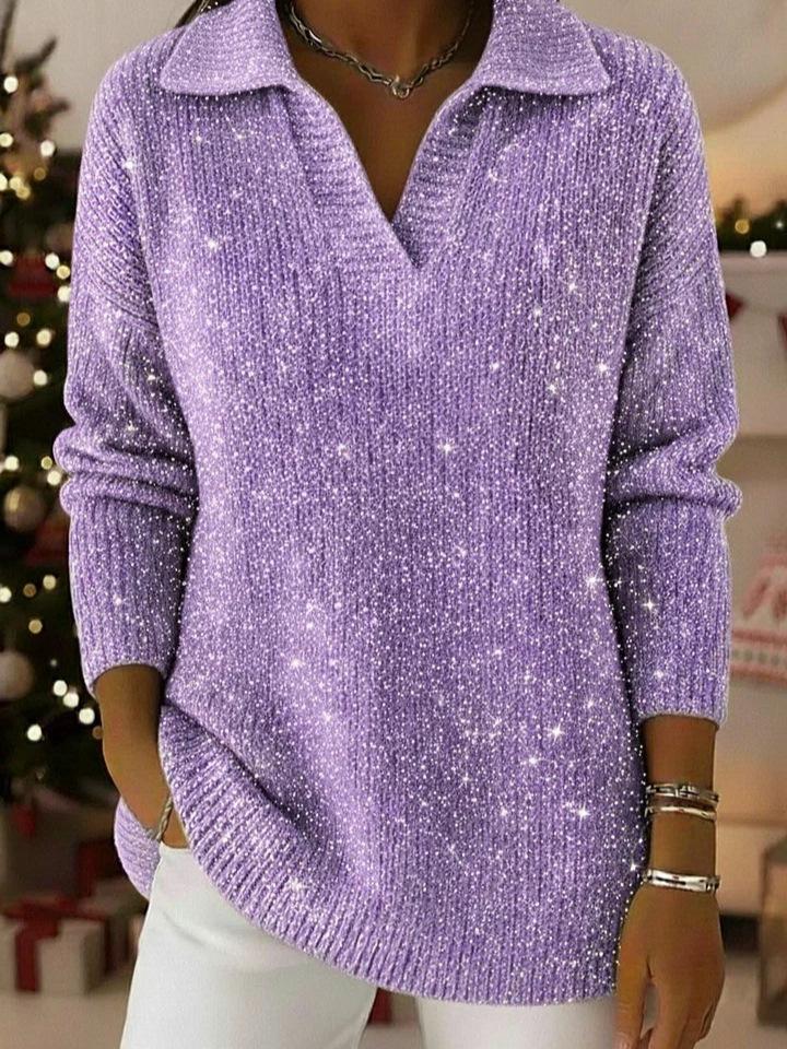 2025 Autumn/Winter Solid Color Lapel Pullover with Silver Thread and Crystal Accents