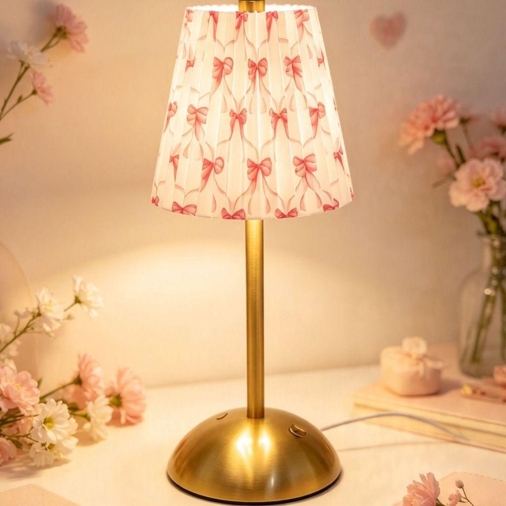 Metal Base Pleated Desk Lamp Fabric Shade Dimmable Touch Bedside Lamp USB Charging 3 Color Lights LED Night Light Bedroom