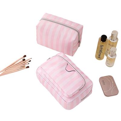 New Compact Pink Striped Makeup Bag – Large Capacity with Metal Zipper