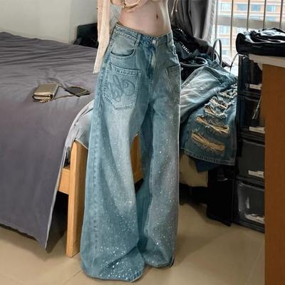 Womens Wide Leg Denim Pants High Waist Loose Fit Straight Cut With Rhinestone Embellishment 2026