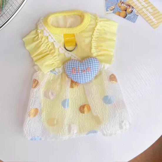 Ruffled Pet Dress, Polka Dot Puppy Dress with Plaid Heart, Cute Dog Princess Dress with D Ring, Breathable Summer Outfit for Small Dogs Cats