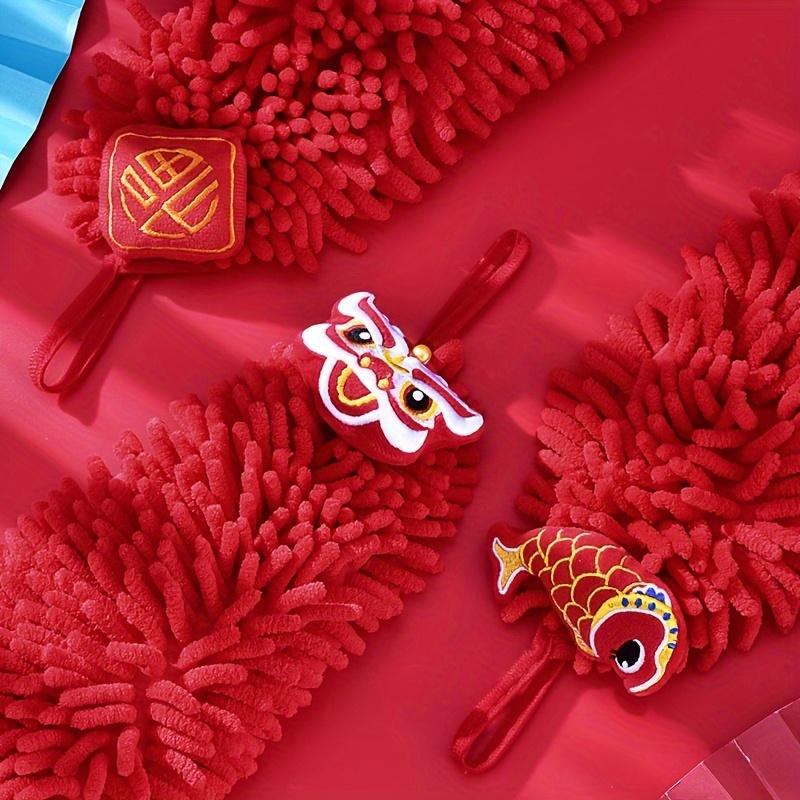 3 Stück, Festliche Handtücher in Tiefrot, Weiche Handtücher im chinesischen Stil mit Löwentanz- und Fu-Zeichen-Design, Geeignet für Küche, Badezimmerzubehör