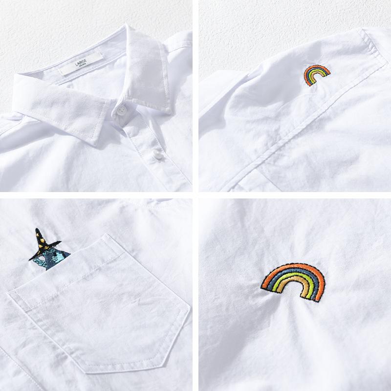 Summer Fashion Men Shirts Short Sleeve White Shirt Youth Streetwear Embroidery Funny Shirt Lapel Collar Pure Cotton Casual Tops with Pocket