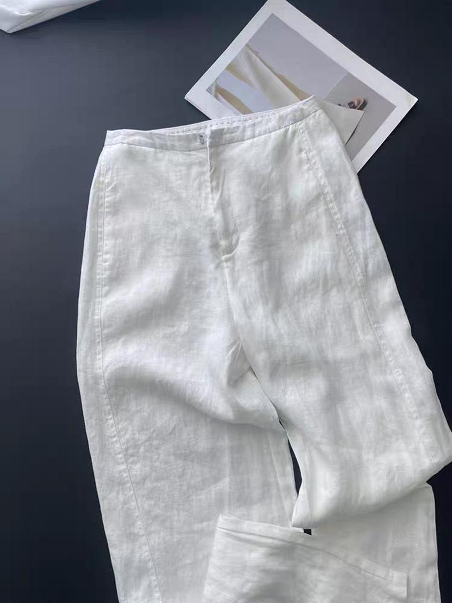 Old Money Style White High-Waisted Elegant Trousers: Women s Summer 2026 Commute Cotton Linen Wide-Legged Pants Medium белый