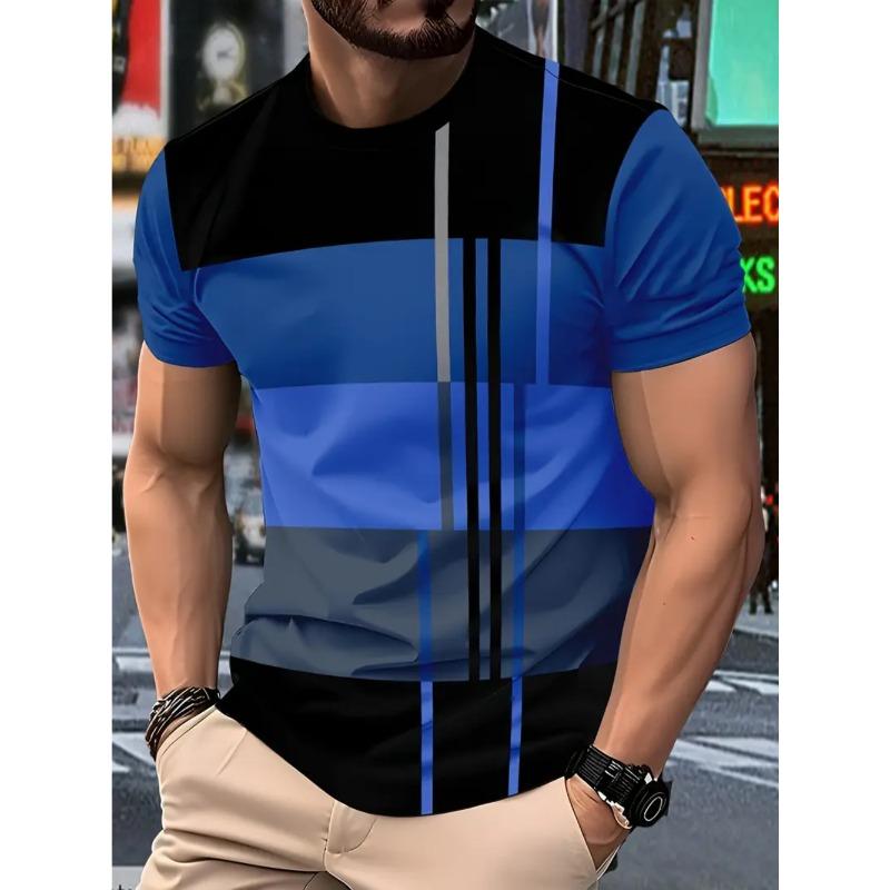 Men's Summer Casual Plus Size Vertical Stripe Color Printed Fashionable T-shirt- Soft Medium Stretch Polyester Fabric Summer Mens Relaxed Fit Clothing