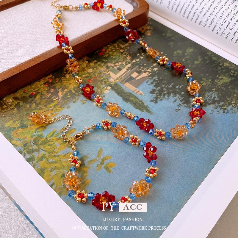 Handmade Beaded Cross Flower Retro Necklace - Versatile Clavicle Chain with a High-End Feel