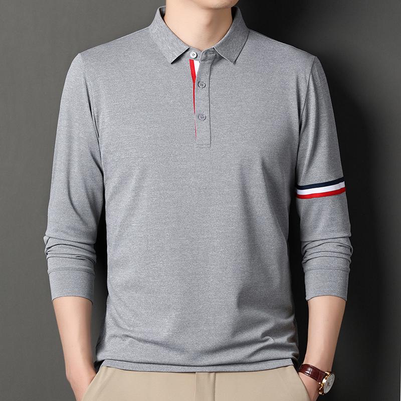 

Брендовая мужская рубашка поло с длинным рукавом, осенняя новинка, модная корейская полосатая, высококлассного дизайна, топ-уровня, из шелка, дышащая, повседневная футболка M серый