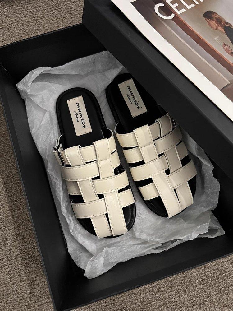 Office Slippers, Women Wear A Slip-on Summer 2024 New Baotou Black, Silver Woven Semi-drag Casual Sandals, Women's Shoes