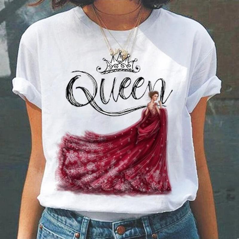 Camiseta de Verano de Cuello Redondo con Estampado 3D de Patrón de Reina, Camisetas de Mujer Casuales de Moda de Manga Corta