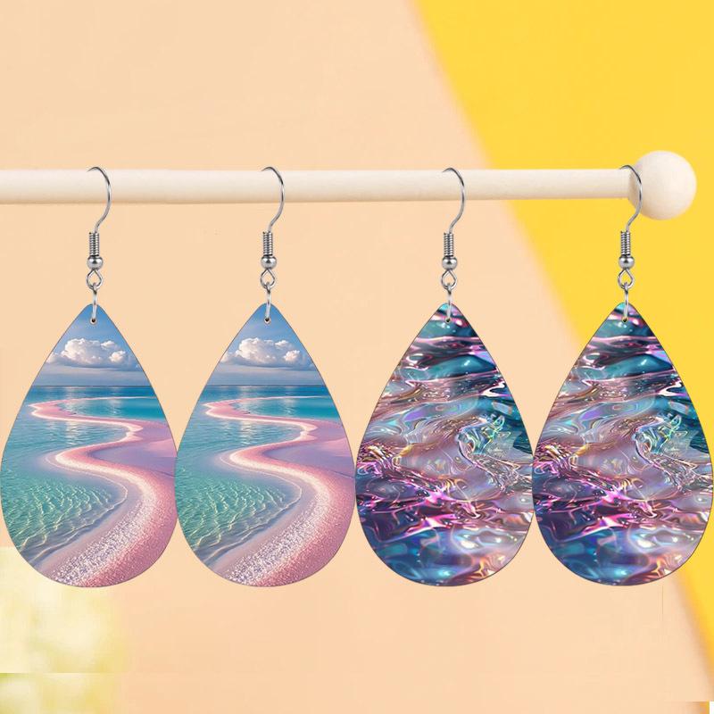 

Ocean Blue Sea with Pink Beach PU Earrings for Women, Beach Themed Pink Laser Water Ripple Print Drop Earrings, Women s Fashion Drape Earrings,