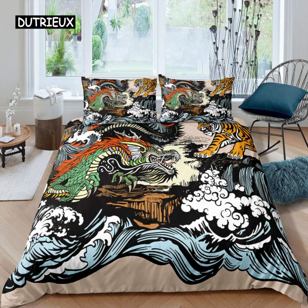 Fire Dragon Duvet Cover Set Magical Dinosaur Bedding Set Jungle Animals Pattern Wildlife Style King Size Polyester Quilt Cover