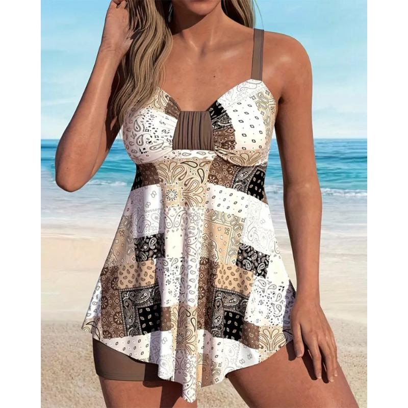 2026 New European and American Style Print Skirt Split Swimsuit Women's Beach Vacation Conservative Suspender Swimsuit Slimming Swimsuit