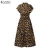 ZANZEA Women Casual Turn Down Collar Summer Short Sleeve Leopard Print Dress