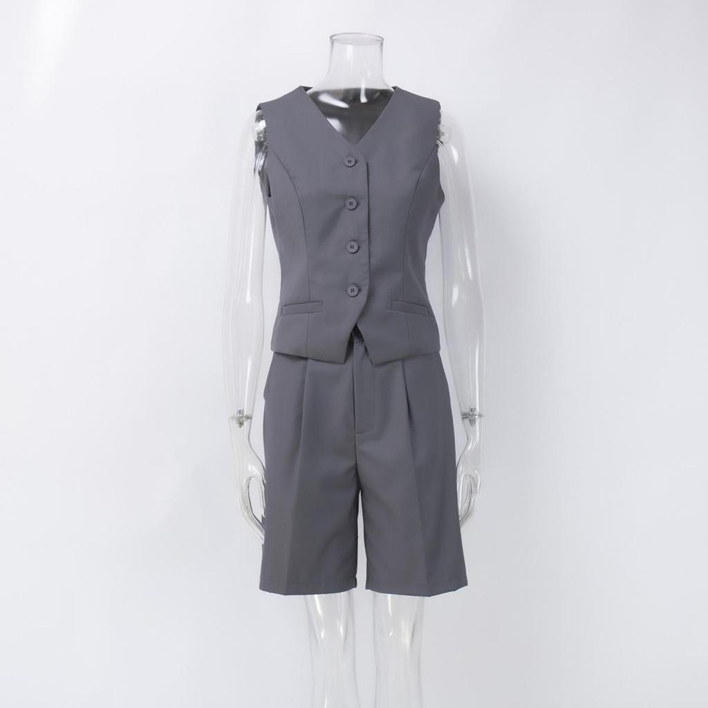Conjunto Feminino de Duas Peças: Colete, Camisa Sem Mangas, Shorts de Cintura Alta com Cordão, Tamanho Grande, Conjuntos de Moda