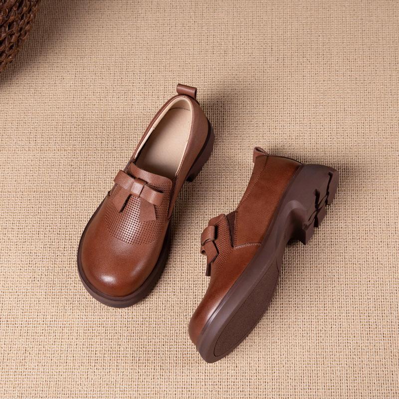 

Женские лоферы из коровьей кожи первого слоя, осенние новинки, ретро кожаные туфли-лолиты с бантом, маленькие кожаные туфли, туфли-одиночки, женская обувь 40 коричневый