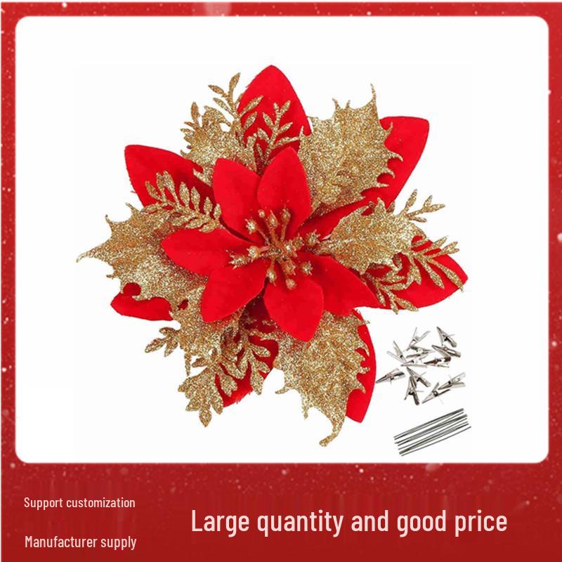 Red Christmas Flower Wreath Ornament with Gold Accents for Holiday Tree Decoration