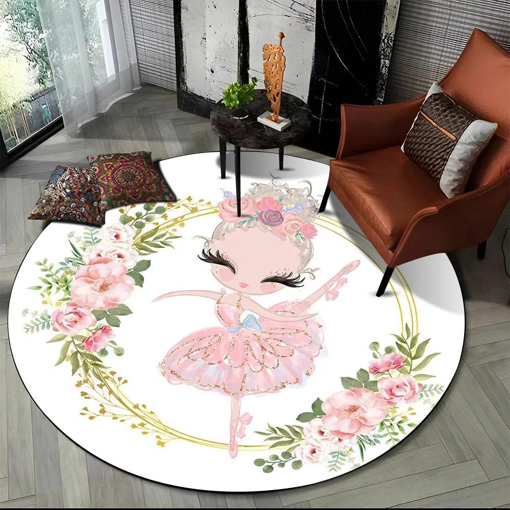 Cartoon Ballet Girl Fairy Ballerina Flower Round Carpet for Living Room Child Girls Bedroom Decor Area Rug Non-slip Floor Mat