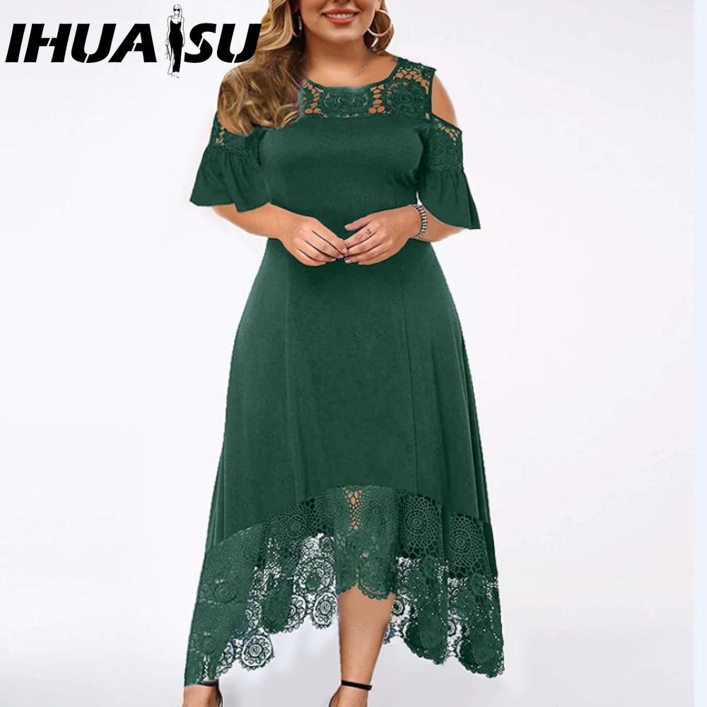 IHUASU Embroidery Lace Patchwork Plus Size Women Dress Flared Short Sleeve Cold Shoulder High Waist