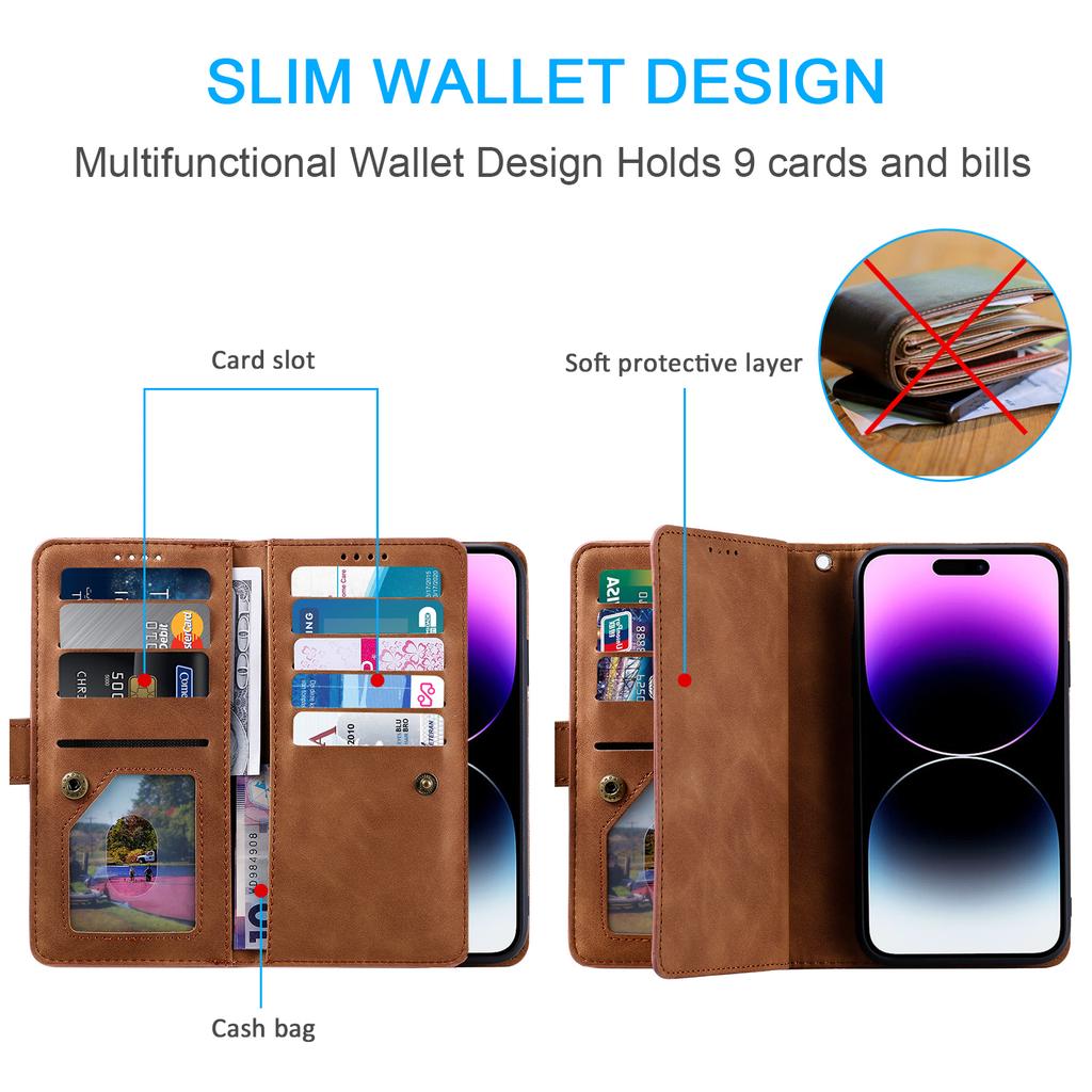 For iPhone 17 Pro Case 9 Card Slots Zipper Wallet PU Leather Phone Cover with Wrist Strap