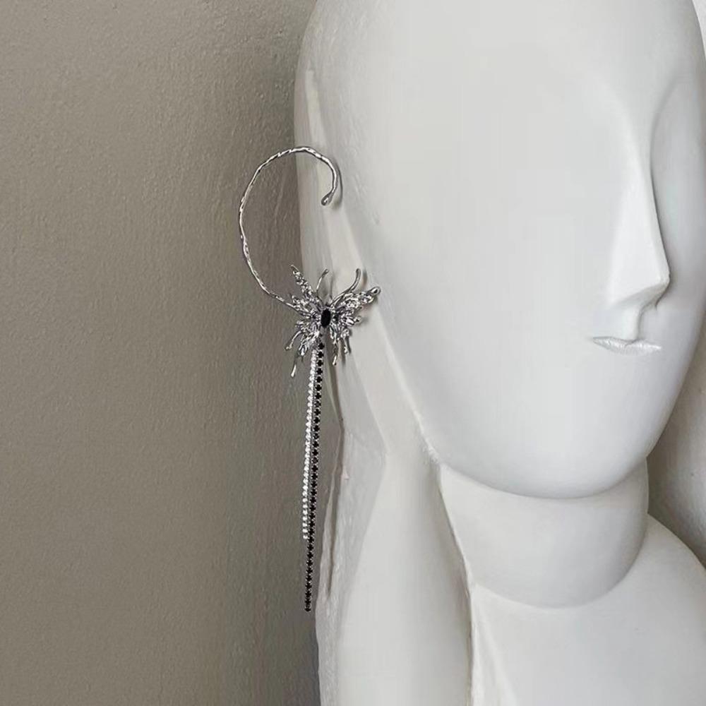 Retro Personality Liquid Metal Butterfly Long Tassels Stud Earring Integrated Ear Bone Clip Earring Ear Hanging Designer Jewelry