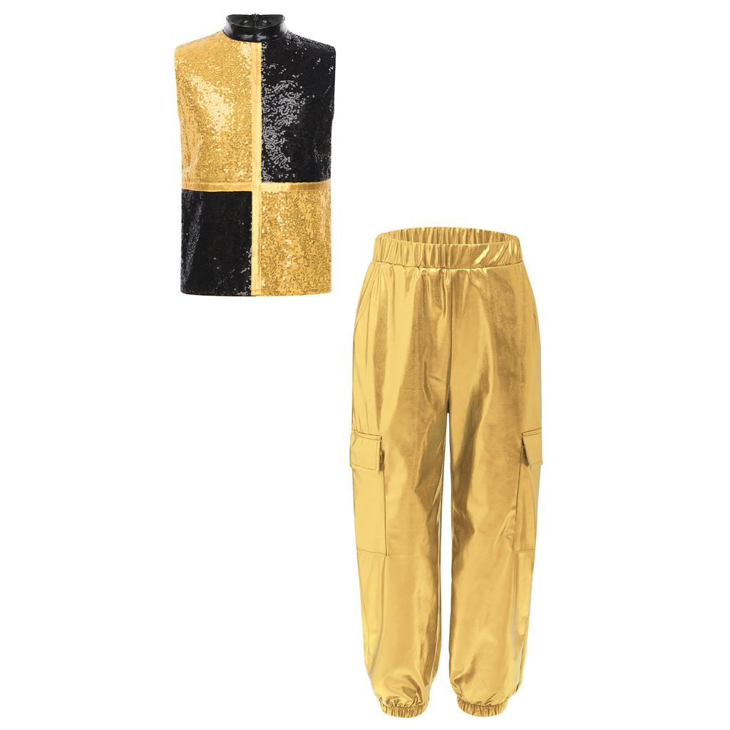 Costume da Danza Jazz Metallico per Ragazzo Collo Alto Senza Maniche Zip Posteriore Paillettes Lucide Blocco di Colore Top Pantaloni Cargo