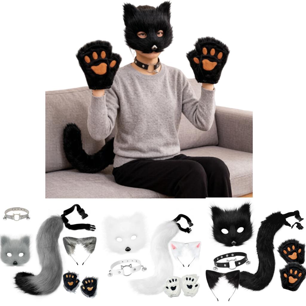 Fox Tail Set Cat Ear Headpiece Tail Fluffy Cat Claw Glove Headband Necklace Set Lolita Anime Halloween Cosplay Costume Accessory
