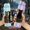 1PC Three Cats Wooden Platform Portrait 750ml Color Plastic Sports Water Bottle Leakproof Flip Straw Lid Suitable for Sports Office Home Use