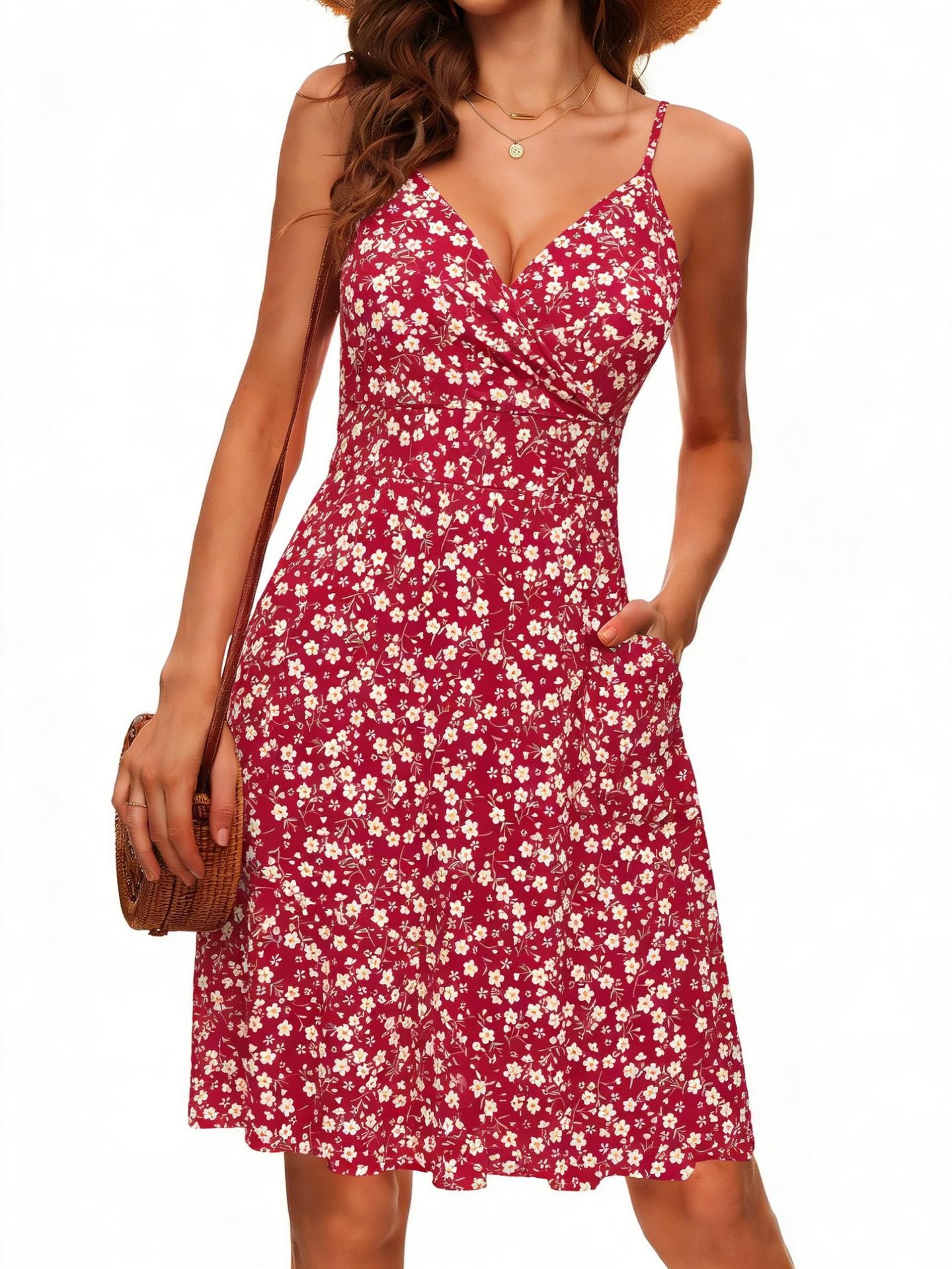 Summer Women s Fashionable and Elegant Spaghetti-Strap V-Neck High-Waisted Casual Dress L