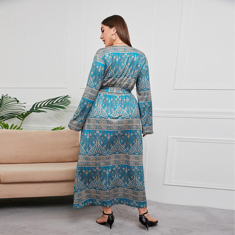 Spring and Autumn Women's Dress Plus Size Loose Women's V-Neck Long Dresses Vintage Temperament Printed Dresses