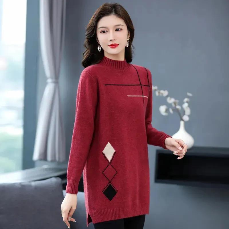 Women Spring  and Fall Half High Collar Pullover Sweater Mid Length Knit Bottom Shirt Female