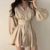 French-Inspired Lantern Sleeve White Shirt Dress for Women - Waist-Cinching, Mid-Length, Perfect for Spring and Autumn.