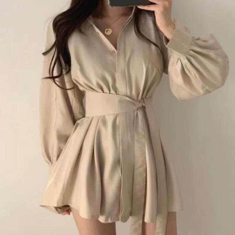 French-Inspired Lantern Sleeve White Shirt Dress for Women - Waist-Cinching, Mid-Length, Perfect for Spring and Autumn.