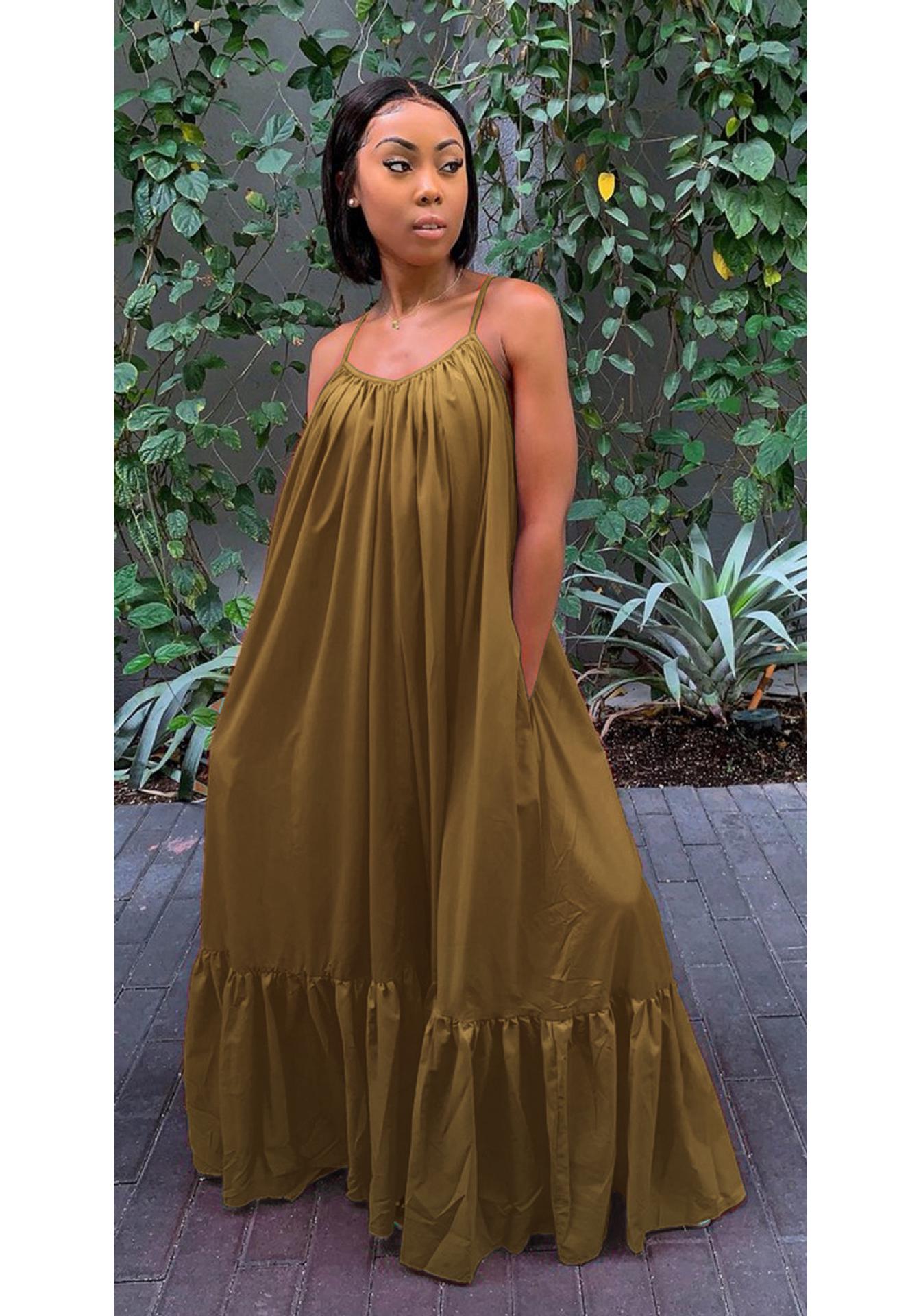 

Popular European & American Spaghetti Strap Solid Maxi Dress - Sleeveless, Sexy, Summer, Long & Loose 2XL