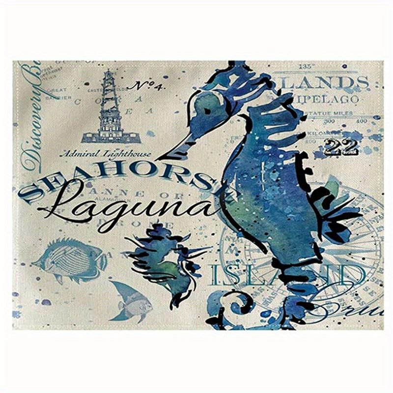 1pc Vintage Ocean Style Encrypted Linen Placemat, Summer Style Seahorse/Starfish/Seashell/Conch Table Mat, Tabletop Protection
