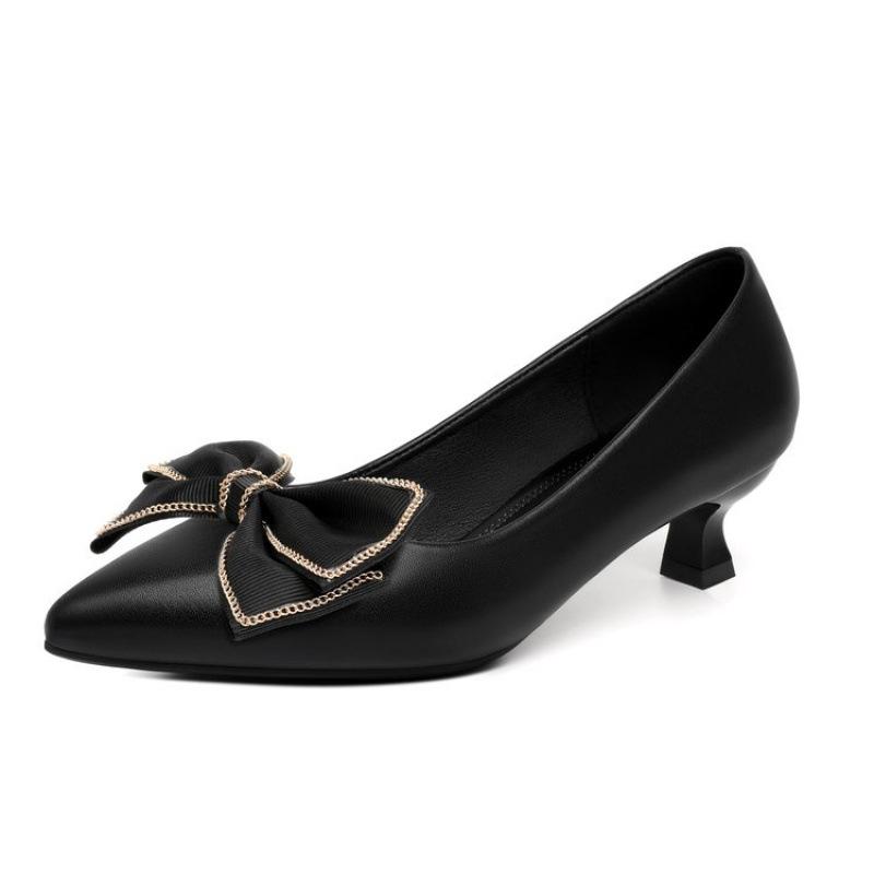 

Туфли-лодочки на толстом каблуке женские 2025 новые с острым носком и бантом, с вырезом, рабочие туфли на среднем каблуке, одинарные туфли на тонком каблуке, универсальная женская обувь 40