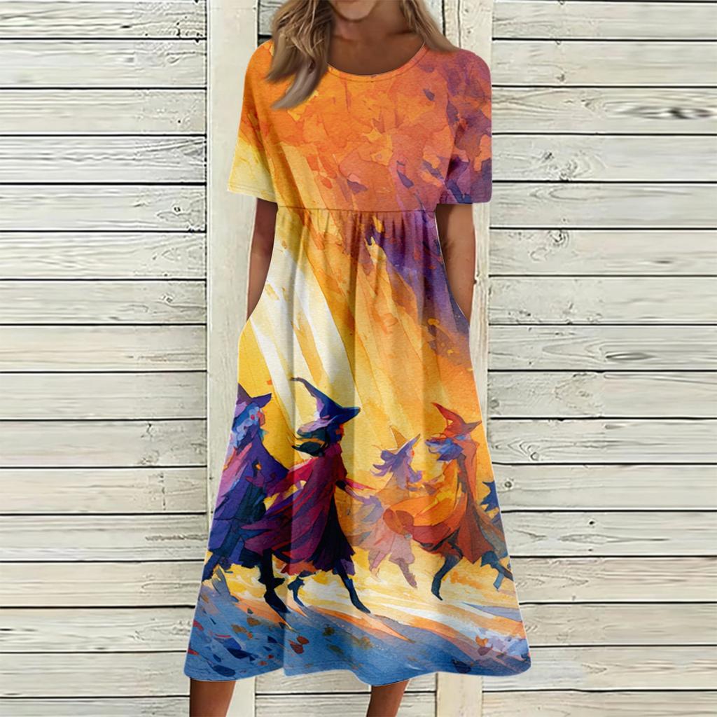 Women's Casual Halloween Print Round Neck Dress with Pockets