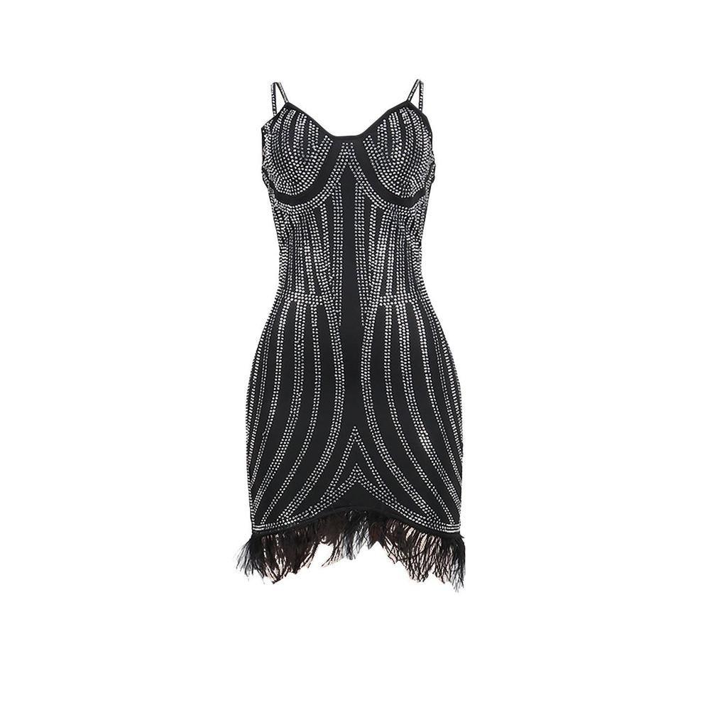 CQK2601 European-American Sexy Feather Dress with Rhinestones