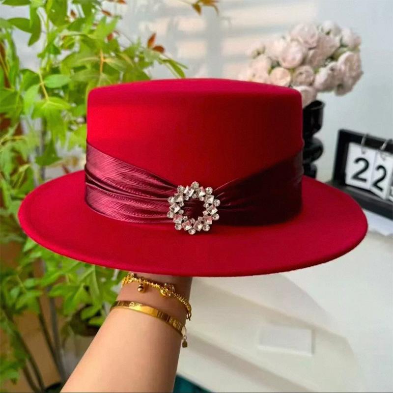Fashion Temperament Light Luxury Flat Top Hat Women's Retro High-end Woolen Rhinestone Top Hat Jazz Hat