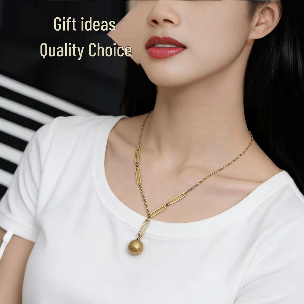 European and American Steel Bead Necklace with Paper Clip Chain - 18K Gold Frosted Stainless Steel Design